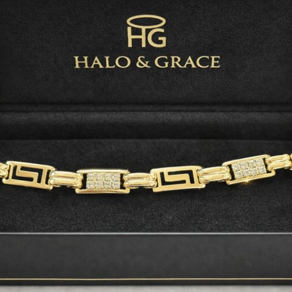14k gold bracelet with Greek key design and diamond inspired pave setting
